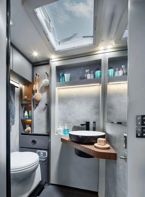 Motorhome Bathroom, Ambulance Conversion, Van Builds, Train Carriage, Motorhome Interior, Tiny House Camper, Rv Bathroom, Sliding Wall, Van Conversion Interior