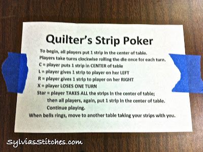 Quilter's Strip Poker! - Sylvia's Stitches Quilt Guild Meeting Ideas, Quilt Guild Challenge Ideas, Sewing Games, Quilt Games, Quilt Retreat Favors, Quilting Sayings, Quilt Guild Programs, Quilt Retreat Gifts, Quilters Quotes