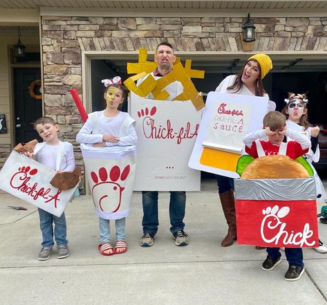 Chick Fil A Costume Family, Chic Fil A Trunk Or Treat Ideas, Chick Fil A Family Costume, Chik Fil A Costume, Chic Fil A Trunk Or Treat, If You Give A Moose A Muffin Costume, Chick Fil A Costume Ideas, Chik Fil A Trunk Or Treat, Old Mcdonald Halloween Costume