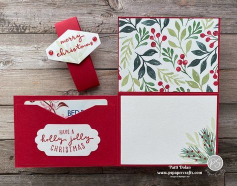 Su Christmas Money Holders, Stampinup Christmas Gift Card Holders, Card For Gift Cards, Wrapped In Christmas Stampin Up Cards, Diy Christmas Gift Cards, Gift Card Bag Diy, Envelope Gift Card Holder, Stampin Up Cards Gift Card Holder, Handmade Christmas Gift Card Holders