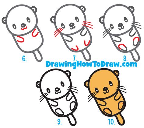 How to Draw a Cute Kawaii Cartoon Otter Floating Down the River Easy Step by Step Drawing Tutorial for Kids - How to Draw Step by Step Drawing Tutorials How To Draw An Otter Step By Step, Otters Drawing, Kawaii Sea Animals, Otter Doodle, Cartoon Otter, Sea Otter Art, River Floating, Floating Down The River, Doodle Easy