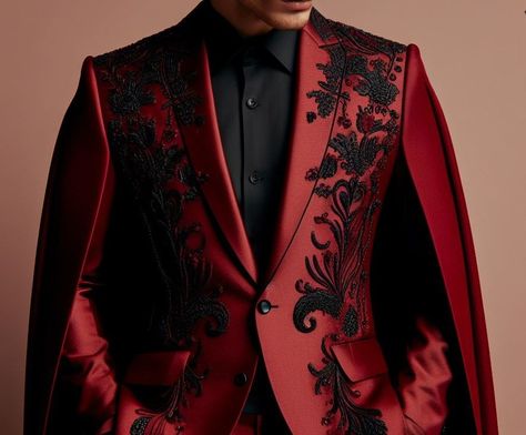 made by AI Mens Formal Suit Ideas, Red Tuxedo For Men Wedding, Red Suit Aesthetic, Gay Prom Outfits, Masquerade Suit, Red And Black Suit, Red Tux, Gothic Suit, Unique Suits