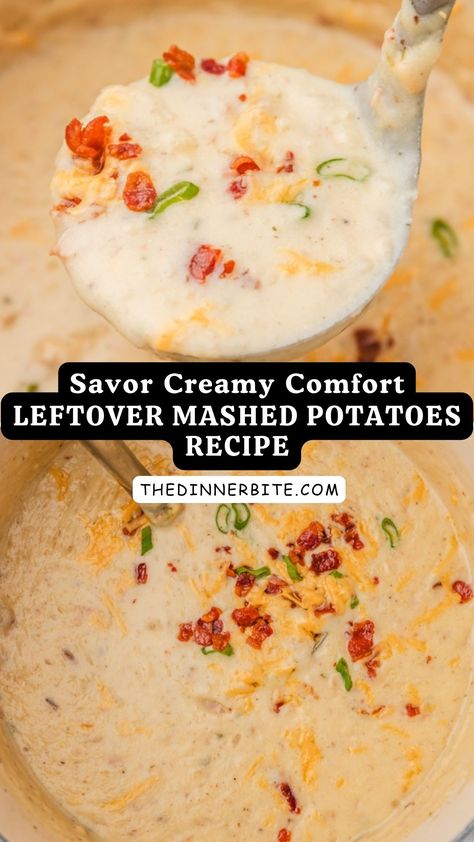 When you're craving a hearty, comforting meal that'll warm your soul on a chilly day, look no further than our Leftover Mashed Potato Soup! Made with your favorite mashed potatoes and a medley of veggies, you'll find this soup not only delicious but incredibly satisfying. Keep reading to discover The Dinner Bite's secret recipe for this ultimate comfort food sensation. Leftover Mashed Potato Soup Recipe, Mashed Potato Soup Recipe, Leftover Mashed Potato Soup, Leftover Mashed Potatoes Soup, Mashed Potato Soup, Potato Soup Easy, Leftovers Soup, Vegetable Beef Soup, Leftover Mashed Potatoes