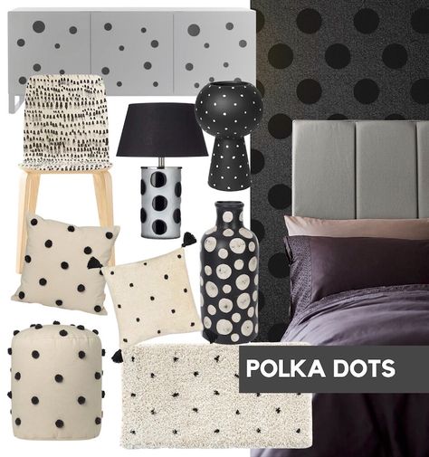 polka dot interiors trend mood board with monochrome items including sideboard, dining chair, cushions, rug, vases, etc Black And White Furniture, Fashion Croquis, Flock Wallpaper, Poka Dot, Bedside Rug, Tufted Cushion, White Furniture, Ferm Living, Interior Trend