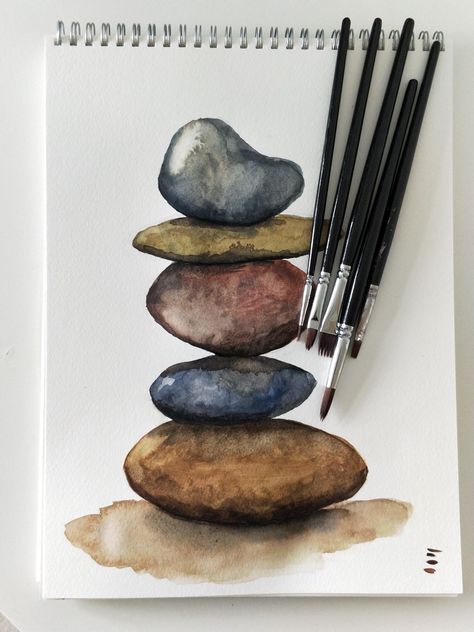 Rock Watercolor Paintings, Watercolor Rocks Stones, Watercolor Cairns, Nature Art Painting Watercolour, Watercolour Art Ideas Creative, Pebbles Drawing, Watercolour Art Ideas Inspiration, Pen And Watercolor Art, Watercolour Art Ideas