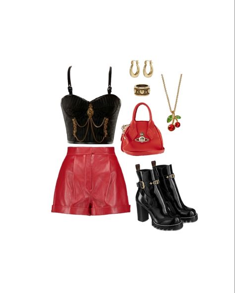 red and black leather outfit styled by me #aesthetic #red #black #leather #leatheroutfit #leathershorts #boots #fashion #fashionblogger #styleinspo #style #outfit #outfits #outfitinspo #outfitideas #outfitinspiration #gold #goldjewelry #gem #gemjewelry Red Leather Corset Outfit, Red Leather Shorts Outfit, Red Leather Corset, Red Leather Shorts, Leather Corset Outfit, Leather Shorts Outfit, Black Leather Outfit, Outfits Bonitos, Me Aesthetic