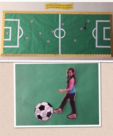 Soccer Themed Bulletin Boards, Soccer Door Decorations Classroom, Soccer Bulletin Board, Goal Setting Bulletin Board, Motivational Bulletin Boards, Football Activity, Sports Theme Classroom, Sports Classroom, Classroom Welcome