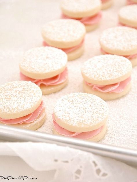 Pink Piccadilly Pastries: Melting Moments Sandwiches with Fresh Raspberry Buttercream Melting Moments Cookies, Tea Party Cookies, Raspberry Buttercream, Pink Desserts, Melting Moments, Tea Time Food, Pink Cookies, Filled Cookies, Raspberry Filling