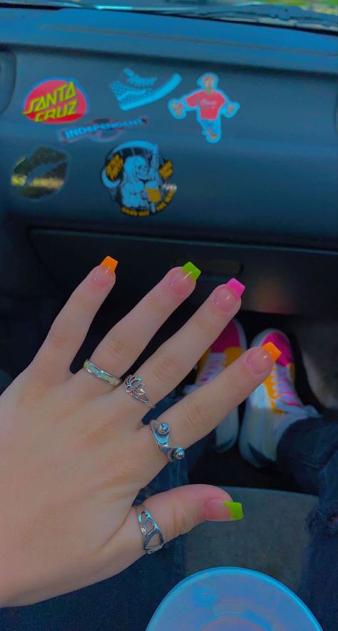 green, orange, and pink tips on acrylic short coffin nails. Short Coffin Designs, Short Coffin Shape Nails Spring, Short Acrylic Nails Coffin Spring, Nail Ideas For Spring Coffin, Short Coffin Shape Nails Designs, Spring Break Nails Coffin, Short Coffin Shape Nails, Short Coffin Acrylic Nails, Nails Coffin Short