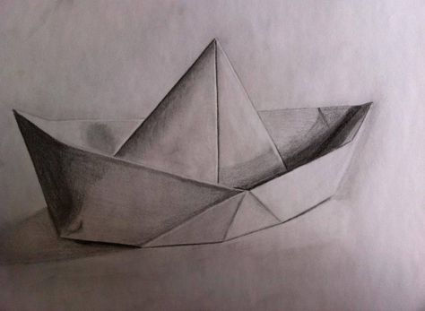 Pencil drawing boat www.inesreder.com Folded Paper Drawing, Paper Boat Drawing, Boat Sketch, Pencil Sketches Easy, Shadow Drawing, Boat Drawing, Realistic Pencil Drawings, Children Sketch, Object Drawing