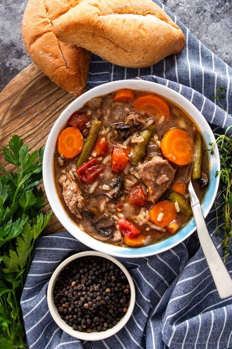 Beef and Rice Soup • Craving Some Creativity Beef Rice Soup, Beef And Rice Soup, Carrots Green Beans, Beef And Rice, Tender Beef, Rice Soup, Wild Rice, Green Beans, Soups