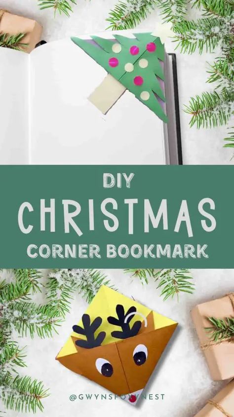 Christmas Corner Bookmarks DIY Gnome Bookmarks Diy, Christmas Corner Bookmarks, Corner Bookmarks Diy, Diy Paper Bookmarks, Christmas Tree Corner, Kids Christmas Craft Ideas, Tree Corner, Classroom Holiday Crafts, Kids Christmas Craft