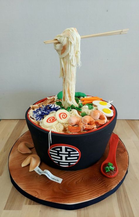 Custom cake in the shape of a bowl of Ramen noodle soup. #ramen #customcakes Ramen Bowl Cake, Ramen Cake Design, Impressive Cakes Decoration, Ramen Birthday Cake, Japan Theme Cake, Ramen Themed Birthday, Ramen Noodle Birthday Party, Japan Cake Design, Ramen Cupcakes