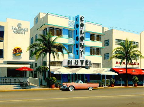 Art Deco, Miami Beach Colony Hotel Miami, Illustrative Photography, Retrowave Aesthetic, Florida Painting, 80s Miami, Colony Hotel, Miami Street, Charter Bus, The Colony Hotel