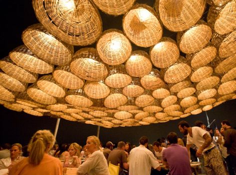 Cafe Ceiling, Basket Lights, Wicker Furniture Cushions, Basket Light, Surf Lodge, Outdoor Restaurant Design, Bamboo House Design, Wicker Bedroom, Bamboo Architecture