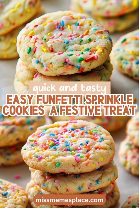 Looking for an easy yet festive dessert? Try these Funfetti Sprinkle Cookies! This simple recipe combines basic pantry staples like flour, sugar, and butter with colorful sprinkles for a delightful twist. Perfect for parties or casual get-togethers, these cookies will bring smiles to everyone's faces. Follow our step-by-step instructions and tips for perfect results every time. Get ready to serve up some joy with these fun and delicious cookies! Sprinkle Cookies Recipe, Sugar Cookies With Sprinkles, Funfetti Cookies, Festive Desserts, Sprinkle Cookies, Delicious Cookies, Quick Weeknight Meals, Festive Treats, Pantry Staples