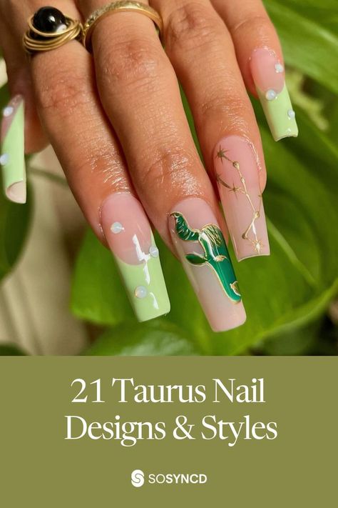 Are you a Taurus looking for an elegant and classic manicure? Look no further. Here are 21 stunning nail designs perfect for reliable and practical Taurus. Whether you want something subtle or over-the-top, these nails will ensure everyone knows that your zodiac sign is Taurus. From subtle nude tones to bright greens with gold detail, these nail designs have something for every Taurus. So why not express your true Taurus nature with a unique and stylish manicure? Click the link to get inspired. Classic Manicure, Stunning Nail Designs, Gold Details, Star Signs, Zodiac Sign, Zodiac Signs, Manicure, Nail Designs, Nails