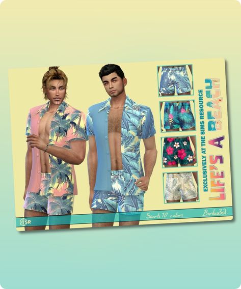 Sims 4 Clothing CC: Life  8217 S A Beach     Hawaiian Swimwear Sims 4 Hawaiian Shirt, Hawaiian Swimwear, Sims 4 Cc Download, Hawaiian Pattern, Summer Beach Shorts, Best Sims, Sims 4 Clothing, Pink Gingham, Sims 4 Cc