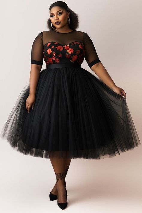 Xpluswear Design Plus Size Party Midi Dresses Elegant Black Fall Winter Mock Neck Tulle Long Sleeve See Through Mesh Midi Dresses [Pre-Order] Round Dress Design, Tea Party Outfits For Black Women, Plus Size Semi Formal, Party Outfit Plus Size, Plus Size Floral Dress, Summer Tips, Black Floral Print Dress, Dresses Occasion, Dinner Dress Classy