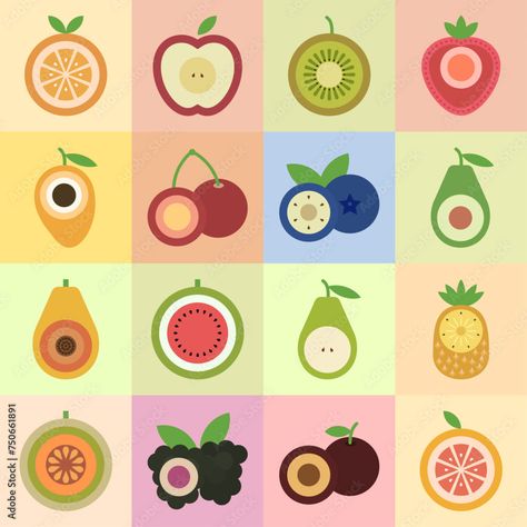 collection of fruits in a seamless pattern with colored backgrounds Fruit Graphic Design, Fruit Logo Design, Tea Packaging Design, Fruit Logo, Fruit Icons, Fruit Vector, Minimal Patterns, Typography Artwork, Fruit Illustration