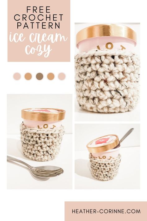 Ice Cream Pint Cozy Crochet Patterns, Pint Ice Cream Cozy, Lion Brand Wool Ease Crochet Patterns, Crochet Koozie Pattern, Crochet Ice Cream Pint Cozy Pattern, Bulky Yarn Crochet Patterns, Crochet Koozie, Koozie Pattern, Ice Cream Holder