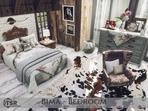 The Sims Resource - Sims 4 - Residential - Rirann - Bima - Bedroom - Country ranch bedroom for the Sims 4 - TSR CC - Available at TSR Sims 4 Rustic Bedroom, Sims 4 Country Bedroom Cc, Ts4 Farmhouse Cc, Sims 4 Tsr Furniture, Sims 4 Rancher Cc, Sims 4 Cc Ranch Decor, Sims 4 Cc Western Decor, Farmhouse Cc Sims 4, Sims 4 Cc Western Furniture