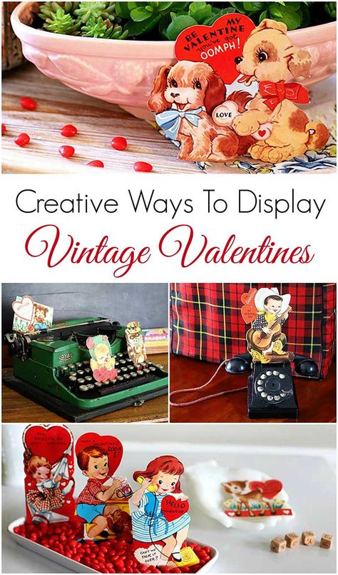 Creative ways to display your vintage valentine collection! Vintage Valentine Crafts Ideas, Mantel Decorating Ideas With Tv, Homemade Valentine Boxes, Valentine Ephemera, Valentines Dance, Valentine Board, Vintage Valentine Crafts, Valentine Card Crafts, Vintage Valentines Decorations