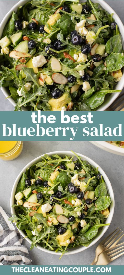 This Easy Blueberry Salad is a delicious summer salad. A Healthy Blueberry Spinach Salad made with feta, blueberries and homemade dressing. Cool Salads Healthy, Blueberry Romaine Salad, Avocado Blueberry Salad, Lettuce Salad With Blueberries, Green Salad With Blueberries, Apple Blueberry Salad, Raw Spinach Salad, Summer Blueberry Salad, Spinach And Blueberry Salad