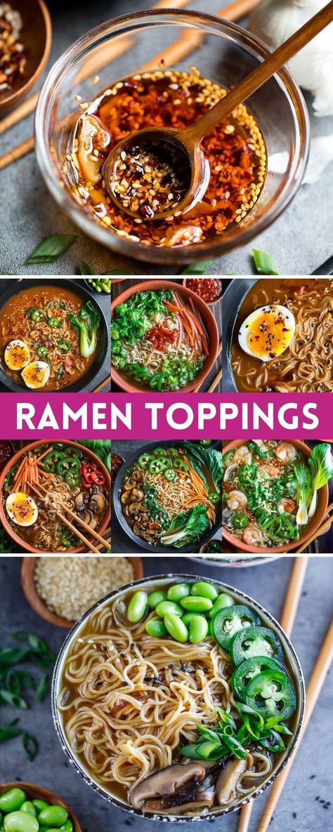 ramen toppings collage Ramen Vegetarian, Spicy Ramen Recipe, Ramen Soup Recipes, Ramen Toppings, Bowl Recipes Easy, Noodle Bowls Recipes, Ramen Recipes Easy, Vegetarian Ramen, Homemade Ramen