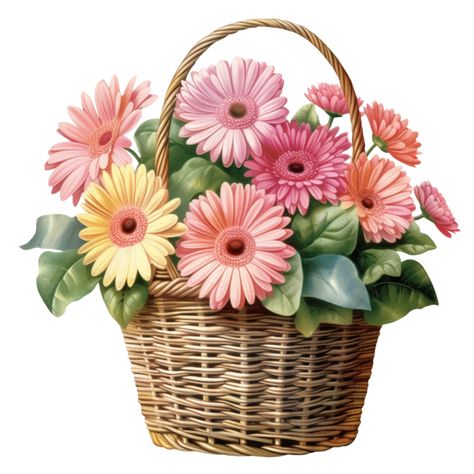 Flower In Basket, Pink Gerbera Daisy, Gerbera Daisy Flower, Flower In Vase, Flower Hearts, Botanical Flowers Print, Gerbera Flower, Pink Gerbera, 3d Decoupage