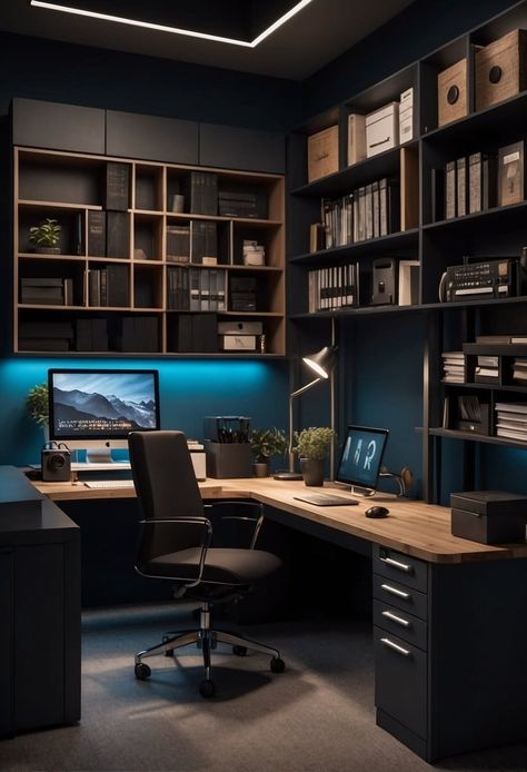 20 Small Moody Office Ideas That Boost Creativity and Focus Industrial Basement Office Ideas, Office Design Men Decor, Small Home Office Desk Ideas, Developer Home Office, Eclectic Home Office Ideas, Men’s Office Ideas, Architect Home Office, Mens Study Office, Small Office Ideas For Men