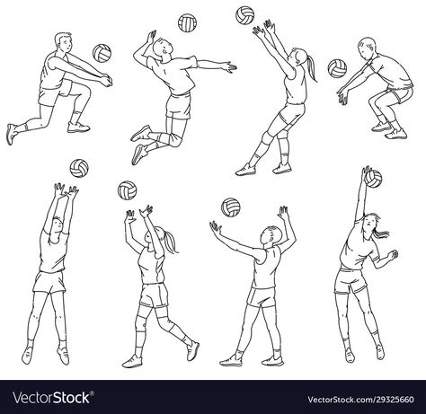 Volleyball Cartoon Art, Volleyball Doodles, Volleyball Poses Drawing Reference, Volleyball Player Drawing, Volleyball Drawings, Volleyball Sketch, Women Cartoon Characters, Drawing Volleyball, Outline Silhouettes