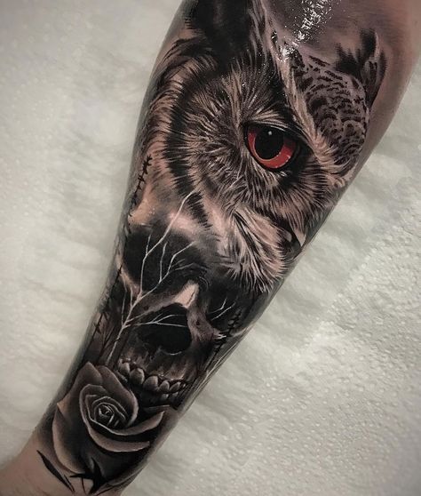 Owl morphed with a skull & rose, done on guy's forearm by Harrison Daniel, an artist based in Perth, Australia. Owl Forearm Tattoo, Owl Skull Tattoos, Owl Eye Tattoo, Mens Owl Tattoo, Realistic Owl Tattoo, Owl Tattoo Sleeve, Owl Tattoo Drawings, Owl Skull, Mangas Tattoo