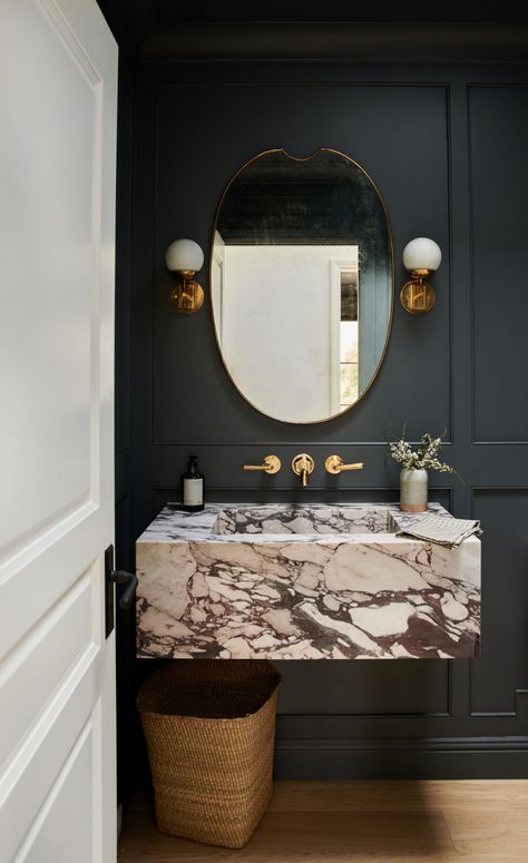 SW 6994 Greenblack no wait, it's Benjamin Moore — Anchor Grey Powder Room Paint, Modern Powder Rooms, Modern Powder Room, Marble Sink, Bad Inspiration, Powder Room Design, Marble Sinks, 아파트 인테리어, Amber Interiors