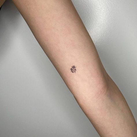 Small Tattoo On Inner Arm, Single Needle Ladybug Tattoo, Red Ink Ladybug Tattoo, Last Bug Tattoo, Minimalistic Ladybug Tattoo, Aesthetic Ladybug Tattoo, Random Tattoos On Arm, Delicate Ladybug Tattoo, Ladybug Wrist Tattoo