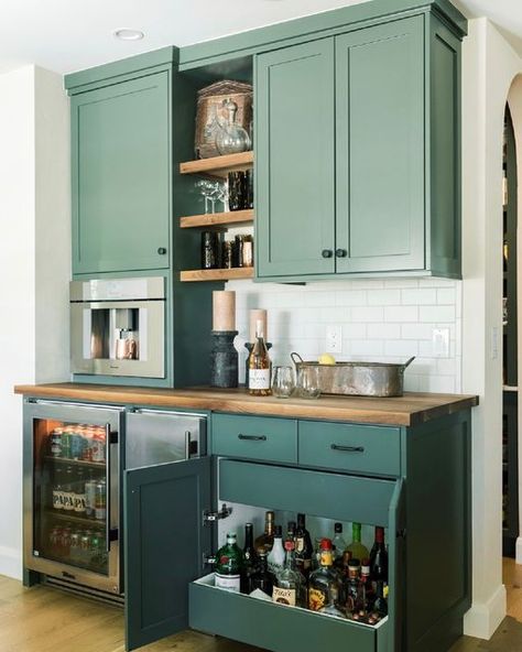 Beverage Station Kitchen, Green Appliances, Built In Coffee Maker, Drink Fridge, Alpine House, Beverage Station, Beverage Fridge, Coffee Center, Coffee Room