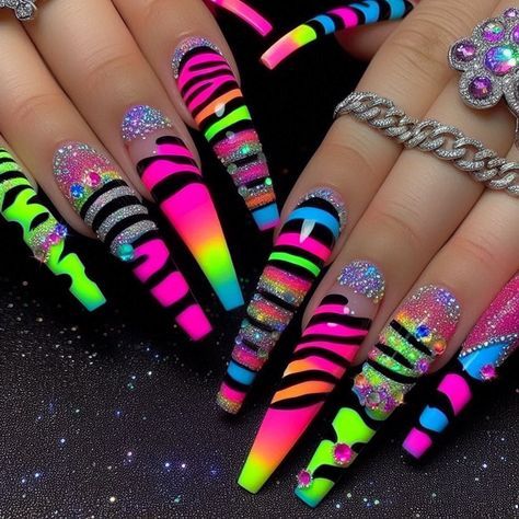 Bright Birthday Nails, 80s Nail Designs, Wild Nail Designs, Nails Black Coffin, Coffin Nails Black, Classy Coffin Nails, Coffin Nails Short, Summer Coffin Nails, Nail Designs Bling