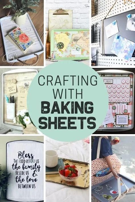 These decorative baking sheet crafts are pure GENIUS! Grab a few craft supplies, and transform a cookie sheet into something totally new. Pizza Pan Crafts, Decorative Magnetic Board, Cookie Sheet Crafts, Decorative Baking, Upcycle Crafts, Christian Crafts, Diy Dollar Tree Decor, Crafts And Diy, Simple Craft