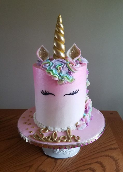 Unicorn Cake This version of the popular unicorn cake is airbrushed ombre buttercream. Four layers total, two each of chocolate and vanilla... Ombre Unicorn Cake, Birthday Cake For 5 Year Girl, Unicorn Cake Buttercream, Unicorn Cake Design, Ombre Buttercream, Cold Cake, Birthday Cakes For Her, Rainbow Birthday Cake, Princess Birthday Cake