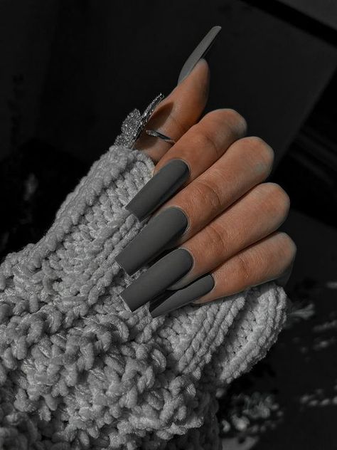 Matte Gray Nails Coffin, Dark Grey Matte Nails, Matte Grey Acrylic Nails, Dark Gray Nails Design, Gray Nails Matte, Grey Square Nails, Nail Designs For Square Nails, Designs For Square Nails, Acrylic Nails Grey