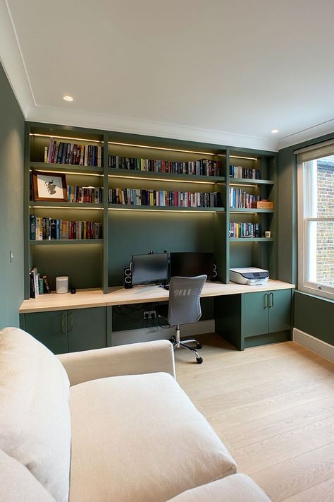 Green Home Offices, Office Design Concepts, Home Study Rooms, Modern Home Offices, Study Room Design, Small Home Offices, Muebles Living, Home Library Design, Study Room Decor