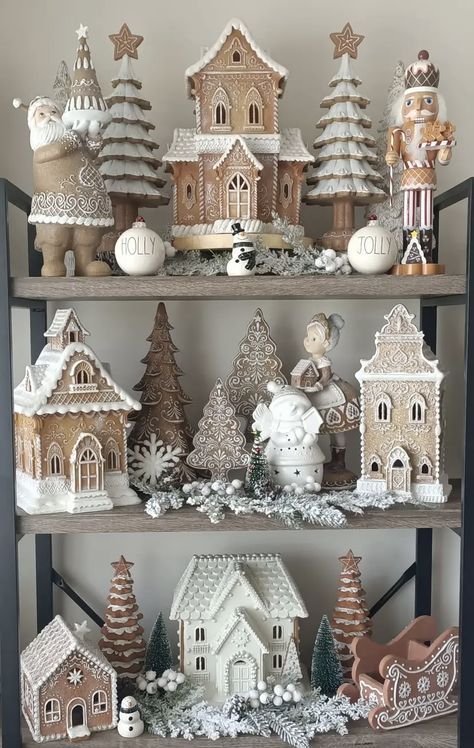 Boho Christmas Village, Gingerbread House Village Display Ideas, Terrarium Christmas Ideas, Gingerbread House Display Ideas, Pastel Gingerbread Christmas Decor, Urban Living Room Design, Gingerbread House Village, Gingerbread Display, Urban Living Room