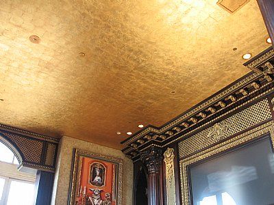 Gold leaf ceiling Metallic Gold Ceiling, Gold Leaf Ceiling Diy, Gold Leaf Ceiling, Gold Leaf Mural Wall, Ceiling Gold Leafing, Gold Leaf Door Frame, Gold Inspiration, Wedding Wows, Interior House Colors