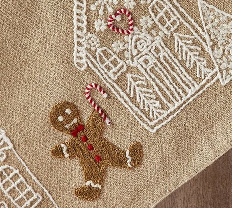 Pottery Barn Christmas Decor, Christmas Fair Ideas, Pottery Barn Christmas, Gingerbread Christmas Decor, Gingerbread Village, Christmas Embroidery Patterns, Christmas Barbie, Embroidered Tablecloth, Table Throw