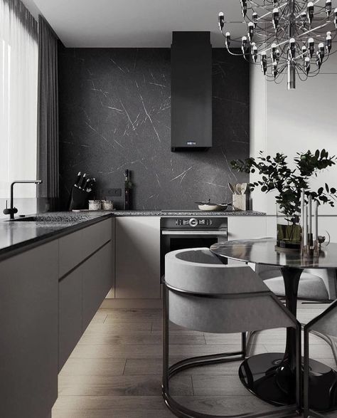 Black Kitchen Countertops, Modern Kitchen Cabinet Design, Modern Kitchen Cabinets, Kitchen Furniture Design, Kitchen Cabinet Design, Room Interior Design, Black Kitchens, Contemporary Kitchen, Living Design