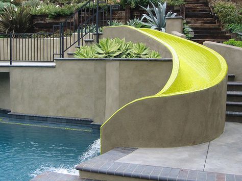 Built In Pool Slide, Small Pool With Slide, Modern Pool With Slide And Waterfall, Modern Pool Slide, Modern Pool With Slide, Pool Slide Ideas, Terraced Pool, Pools With Slides, Barbie Vacation