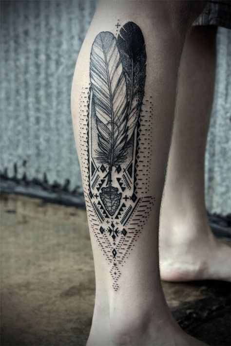 Leg Tattoos Women Feathers, Native Indian Tattoo Design, Feather Tattoo Men, Native Feather Tattoos, Feather Sleeve Tattoo, David Hale Tattoo, Calf Tattoo Ideas, Feather Mandala, David Hale