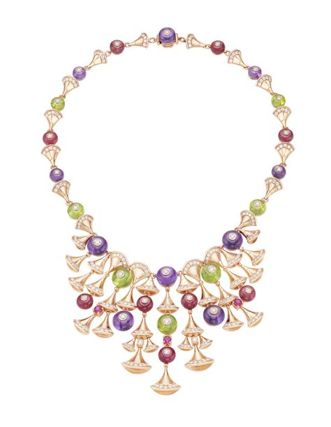 Bulgari's new Diva collection of high jewels comprises pieces like this necklace featuring a combination of the rarest coloured gems. Pink Gold Bracelet, Bulgari Jewelry, Bvlgari Jewelry, Paris Haute Couture, High Jewellery, Jewellery Necklace, Italian Jewelry, Couture Week, Rose Gold Necklace