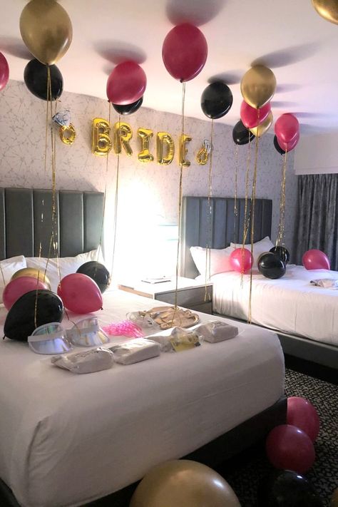 Hot Pink And Black Bachelorette Party, Pink And Black Hotel Party, Bachelorette Hotel Room Decorations, Bachelorette Party Room, Hotel Bachelorette, Hotel Bachelorette Party, Hotel Party Decorations, Black Bachelorette Party, Hotel Room Decoration