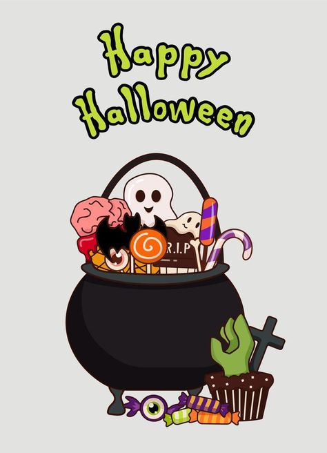 Halloween candy container in the shape of a cauldron. Witch's cauldron filled with candy and cakes. Bright vector illustration. Suitable for postcards, banners, posters Cauldron Art, Candy Cauldron, Halloween Cauldron, Witch's Cauldron, Witchs Cauldron, Halloween Vector, Candy Containers, Halloween Candy, The Shape